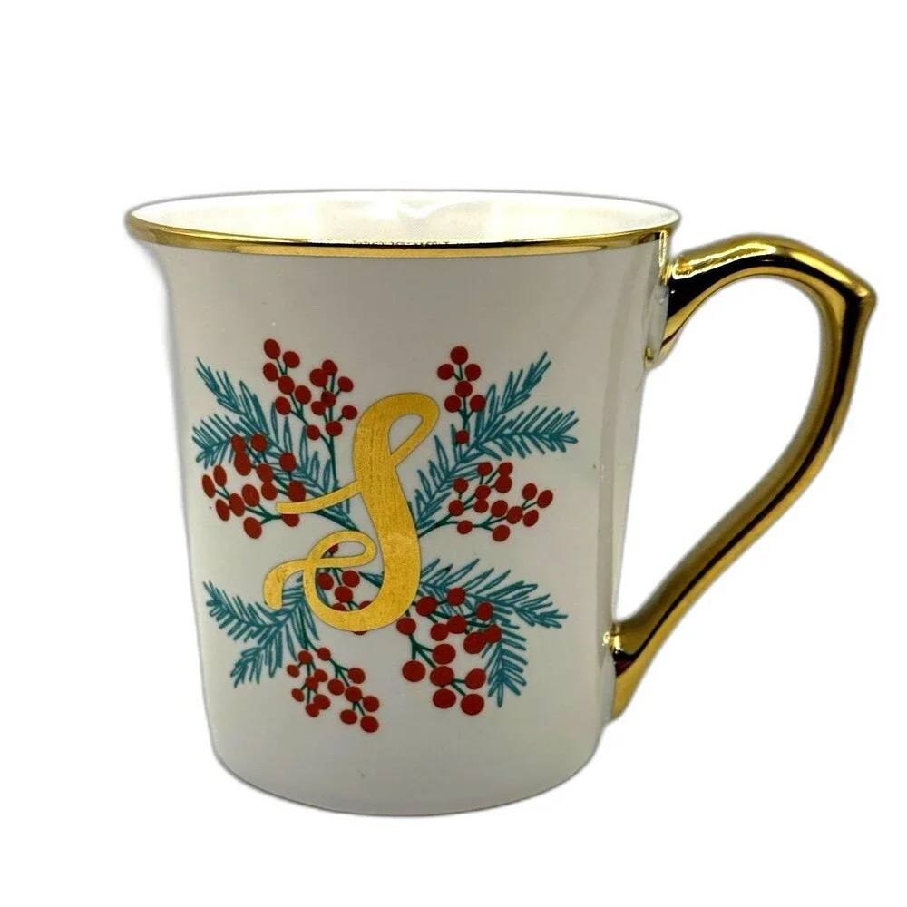 Monogram Letter S Mug 10 Strawberry Street Xmas Gold Filigree Cottagecore